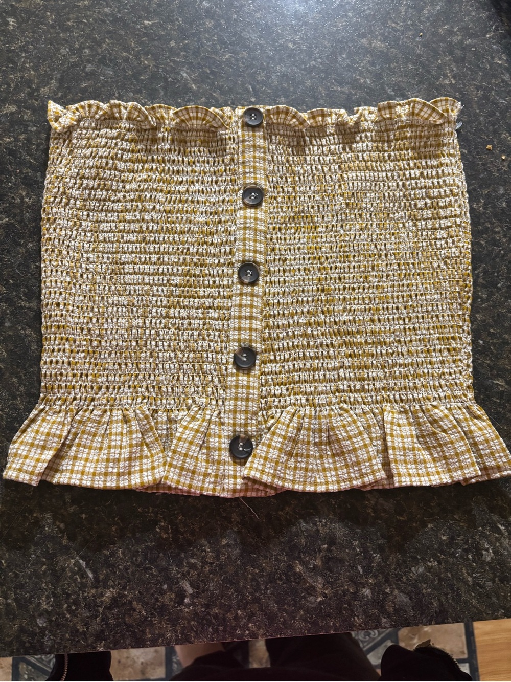 Yellow Plaid Smocked Tube Top with Ruffle and Buttons